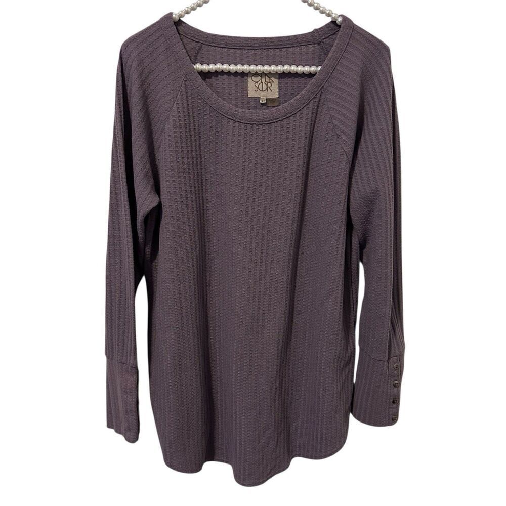 Chaser Top Womens Long-Sleeve Waffle-Knit Thermal Button-Cuff Purple Size XL